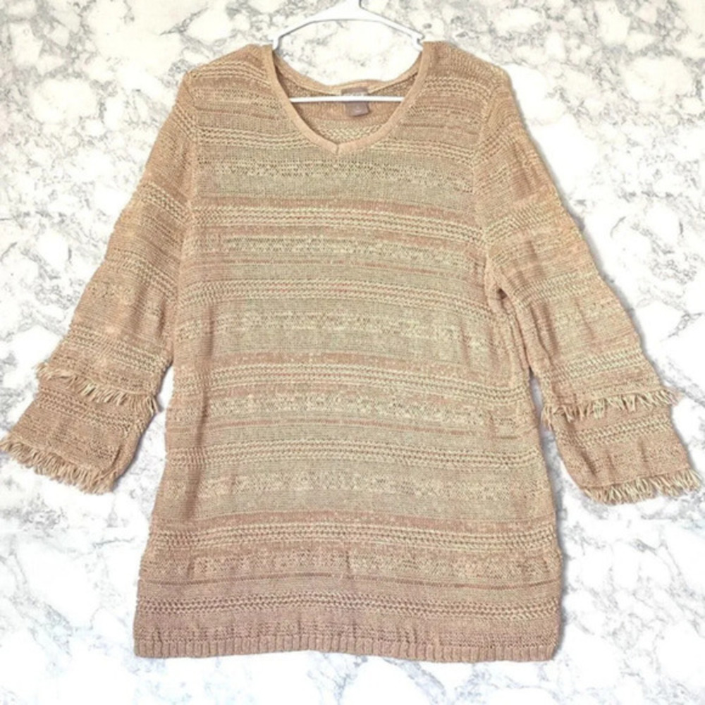 Chico's Coastal Grandma Tan Pointelle‎ Knit Sweater Fringe Sleeves Size L (2)
